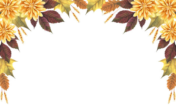 ilustrações, clipart, desenhos animados e ícones de folhas de queda de aquarela e moldura de flores - autumn leaf thanksgiving falling