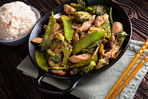 Chicken and Broccoli Stir Fry in a Cast Iron Wok
