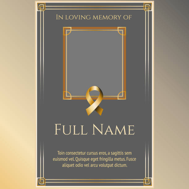 funeral card template with metallic ribbon and photo frame card template funeral with golden ribbon and picture frame. Elegant metallic, gray and golden vector illustration for condolence card support borders stock illustrations
