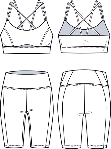 Girl`s sports strappy Bra and Cycling shorts fashion flat  technical sketch template. Women`s Active wear Crop top and Leggings fashion Cad mockup, front, back view, white, set.