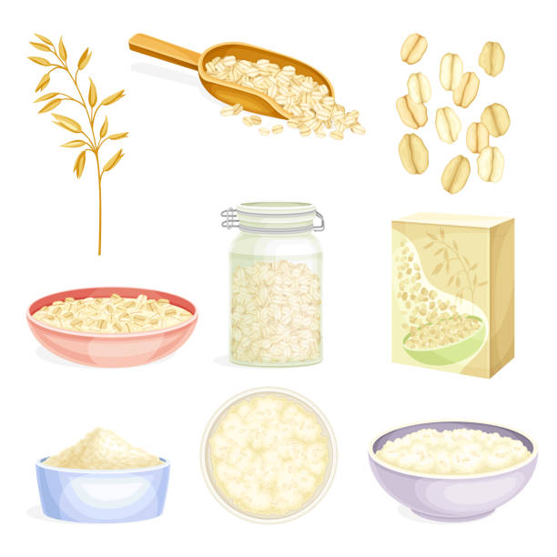 ilustrações, clipart, desenhos animados e ícones de farinha de aveia como alimentos integrais com aveia laminada em tigela e cereal no conjunto de vetores de pacote - oatmeal