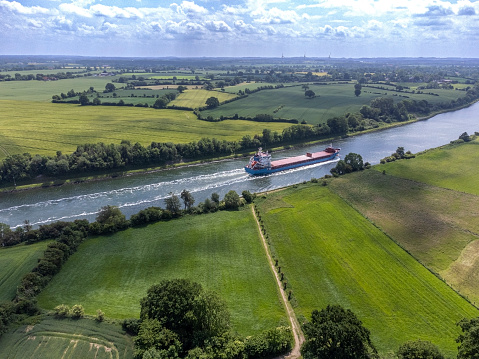 Cargo ship on the Kiel Canal, drone photo