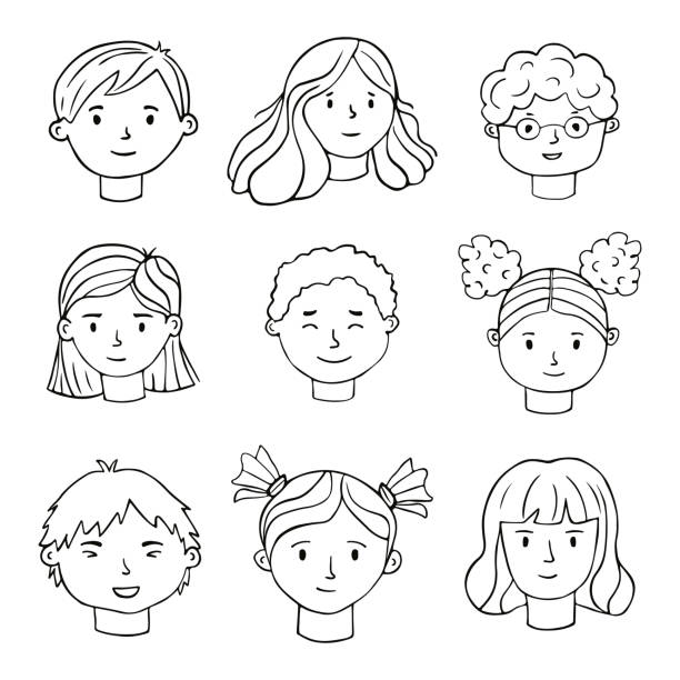 ilustrações, clipart, desenhos animados e ícones de conjunto de rostos humanos desenhados à mão. rostos das pessoas em estilo rabisco. retratos de meninos e meninas em um fundo branco. vetor - child smiley face smiling happiness