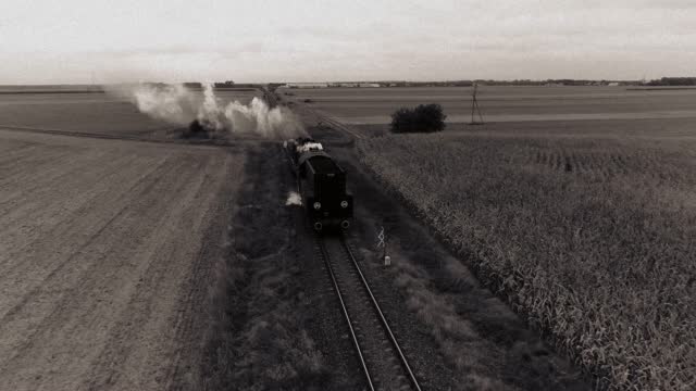 Steam train goes through the fields of the countryside, aerial view. Retro, vintage steam locomotive goes across the plains.