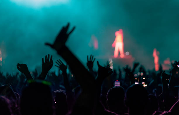 Music festival crowd Rear view of a large group of people in front of a music festival stage. Crowd is excited and dancing, raising hands, clapping, punching the air, filming with mobile phones, etc... under teal stage lights. exit festival stock pictures, royalty-free photos & images