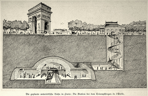 Vintage illustration of cross section of the paris metro underground station at arc de triomphe
