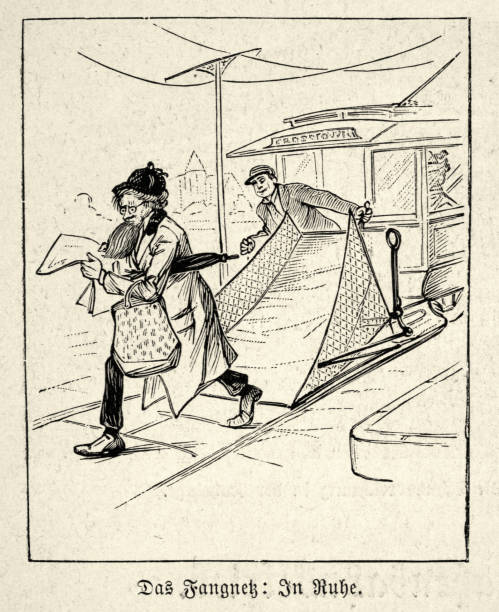 illustrations, cliparts, dessins animés et icônes de illustration d’époque d’un filet de séparation de sécurité pour piétons pour tramways, années 1890, histoire des transports - pedestrian accident england street