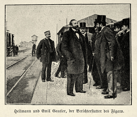 Vintage illustration, after a photograph of Jounalist on the railway station platform, 1890s, Mantes, 19th Century
