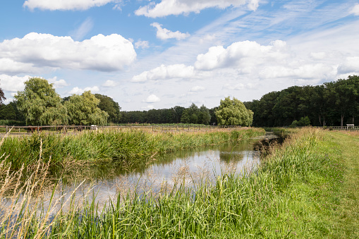 Narrow river flows through the flat landscape in the Twente region near the small rural village of Haaksbergen in the Netherlands.