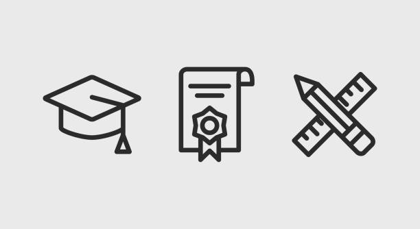 ilustrações de stock, clip art, desenhos animados e ícones de education icons. graduation cap, diploma certificate, crossed ruler and pencil icons isolated on grey background. icons for web design, app interface. vector illustration - skill business webdesign measuring