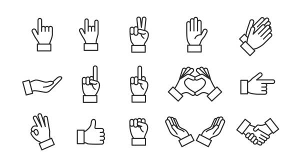 Hand gestures icons set. Set of 15 Hands icons isolated on white background. Thumb up, handshake. Icons for web design, app interface. Vector illustration Vector illustration human finger stock illustrations