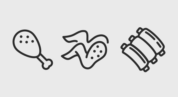 ilustrações de stock, clip art, desenhos animados e ícones de grilled meat icons. fried, grilled chicken leg, wing and ribs icons isolated on grey background. icons for web design, app interface. vector illustration - chicken meat food chicken wing