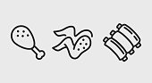istock Grilled meat icons. Fried, grilled chicken leg, wing and ribs icons isolated on grey background. Icons for web design, app interface. Vector illustration 1409760506