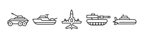 ilustraciones, imágenes clip art, dibujos animados e iconos de stock de iconos de vehículos militares. tanques, submarinos, buques de guerra, cazas aéreos, iconos de portaaviones blindados aislados sobre fondo blanco.  iconos para diseño web, interfaz de aplicación. ilustración vectorial - defense industry