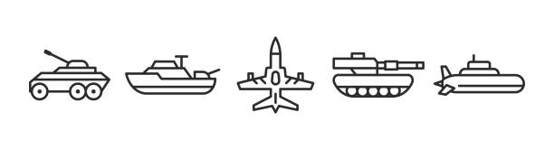 군용 차량 아이콘입니다. 탱크, 잠수함, 군함, 공군, 흰색 배경에 고립 된 장갑차 아이콘.  웹 디자인, 응용 프로그램 인터페이스에 대한 아이콘. 벡터 일러스트 레이 션 - defense industry stock illustrations
