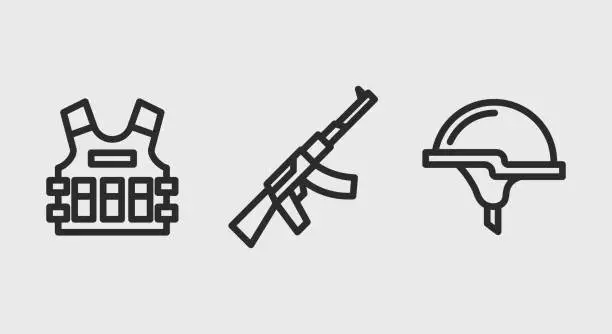 Vector illustration of Soldier equipment icons. Bulletproof vest, firearm and helmet minimal icons isolated on grey background. Icons for web design, app interface. Vector illustration