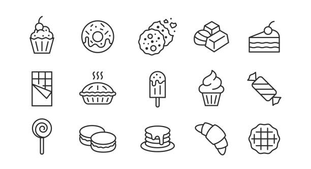 süßigkeiten symbole. set mit 15 süßen trendigen minimal-icons. eis, süßigkeiten, kuchen, etc. entwerfen sie schilder für café, restaurantmenü, webseite, mobile app, logo, banner, verpackungsdesign. vektor-illustration - waffel kuchen und süßwaren stock-grafiken, -clipart, -cartoons und -symbole