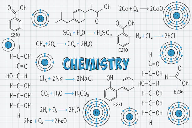 Exercise notes, formulas and equations of chemistry, organic chemistry, chemical reactions, structural formula, atoms of chemical elements, with grid sheet background Exercise notes, formulas and equations of chemistry, organic chemistry, chemical reactions, structural formula, atoms of chemical elements, with grid sheet background chemical reaction stock illustrations