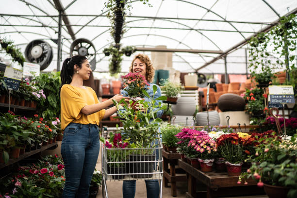 Friends buying plants at a garden center Friends buying plants at a garden center flower market stock pictures, royalty-free photos & images