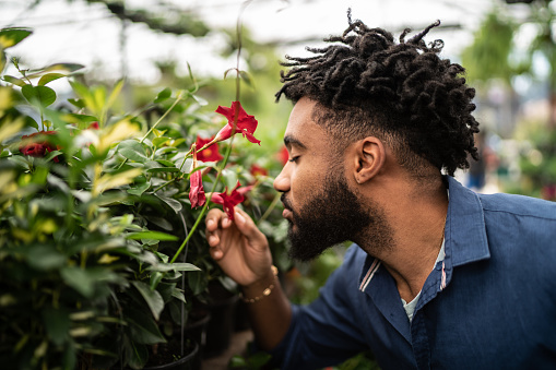 Young man smelling flowers at a garden center