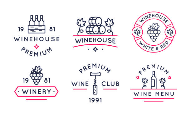 와인 로고 컬렉션. 와이너리, 와인 하우스, 포도원을위한 6 가지 트렌디 한 아이콘 세트. 와인 배럴, 병, 유리, 포도. 벡터 일러스트 레이 션 - cork stock illustrations