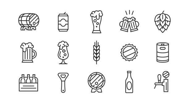 ilustraciones, imágenes clip art, dibujos animados e iconos de stock de iconos de la cerveza. conjunto de 15 iconos minimalistas de cerveza de moda. taza, vidrio, barril, botella, icono de lúpulo. diseño de letreros para pub, menú de restaurante, página web, aplicación móvil, logotipo, banner, diseño de empaque. ilustra - bitter beer bottle alcohol beer