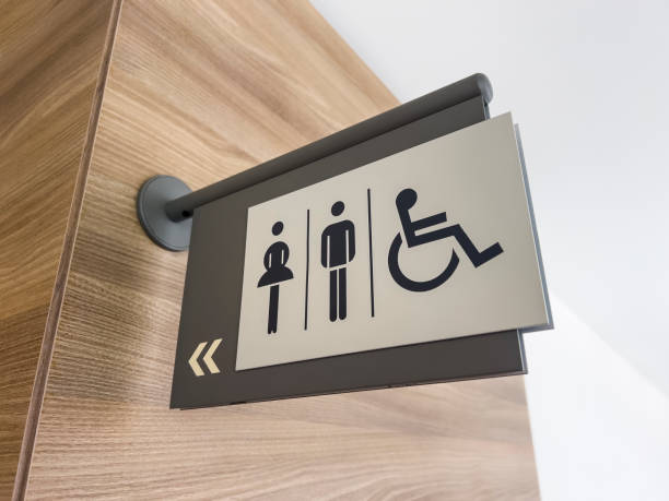Female, male wheelchair access WC sign, low angle view stock photo