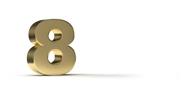 Series of golden numbers on white background. Horizontal composition with clipping path and copy space. 3d illustration gold number on left hand side for text. Set of 10
