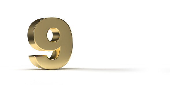 Series of golden numbers on white background. Horizontal composition with clipping path and copy space. 3d illustration gold number on left hand side for text. Set of 10