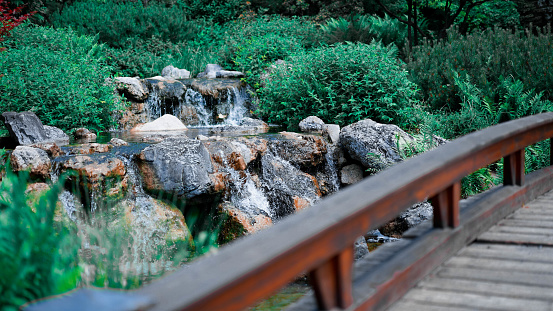 Old Bridge and small waterfall in Japanese Garden
