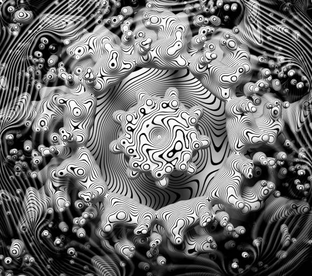 3d render of abstract art 3d background with part of surreal alien flower sculpture in star shape render 3d de arte abstracto fondo 3d con parte de flor de estrella fractal alienígena surrealista o símbolo de mandala en curva ondulada líneas de simetría orgánica formas en material cerámico blanco mate con rayas paralelas redondas negras en la sup