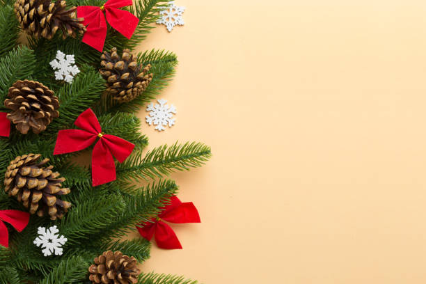 istock Christmas background with fir branches and Christmas decor. Top view, copy space for text 1409770228