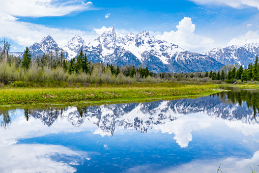 Reflection of the Grand Tetons on the Snake River at Schwabacher Landing in Grand Teton National Park, Wyoming