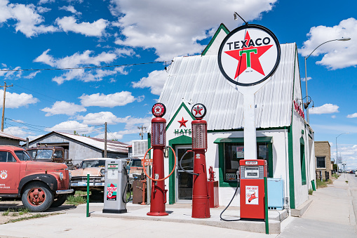 Rawlins, WY - June 2, 2022: Old Texaco gas station along the highway in Rawlins, Wyoming