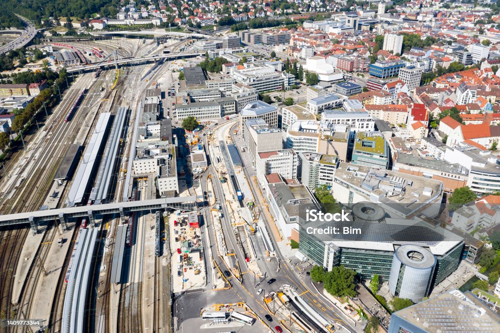 Aerial View of Train Station in Ulm, Baden Wurttemberg Aerial view of train station in Ulm, Baden Wurttemberg, Germany. Above Stock Photo