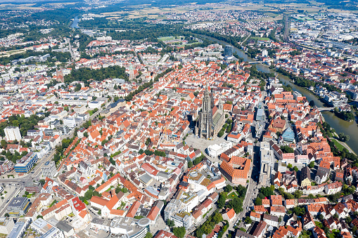 Aerial view of the City of Ulm, old town, Ulm Minster, Baden Wurttemberg, Germany.
