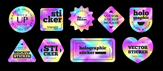 Holographic sticker vector set different shape colorful modern style isolated on black background vector 10 eps