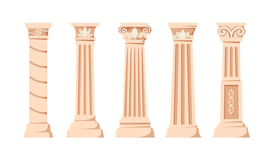 Set of Antique Pillars, Ancient Classic Stone Columns Isolated On White Background. Roman Or Greece Architecture Design Elements With Groove Ornament For Interior Facade. Cartoon Vector Illustration