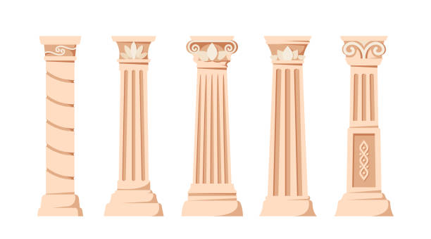 Set of Antique Pillars, Ancient Classic Stone Columns Isolated On White Background. Roman Or Greece Architecture Element Set of Antique Pillars, Ancient Classic Stone Columns Isolated On White Background. Roman Or Greece Architecture Design Elements With Groove Ornament For Interior Facade. Cartoon Vector Illustration doric stock illustrations