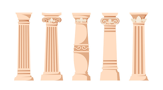 Set of Antique Pillars, Roman Baroque Renaissance Columns With Ornament. Ancient Classic Ivory Marble, Stone Greece Classic Architecture, Interior Colonnade Facade Obelisk. Cartoon Vector Illustration