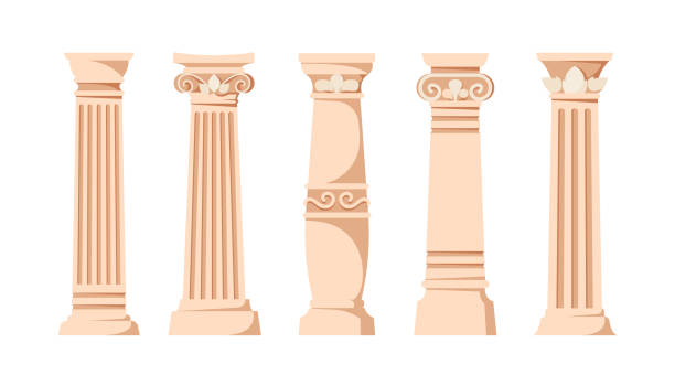 Set of Antique Pillars, Roman Renaissance Columns With Ornament. Ancient Classic Ivory Marble, Classic Architecture Set of Antique Pillars, Roman Baroque Renaissance Columns With Ornament. Ancient Classic Ivory Marble, Stone Greece Classic Architecture, Interior Colonnade Facade Obelisk. Cartoon Vector Illustration doric stock illustrations