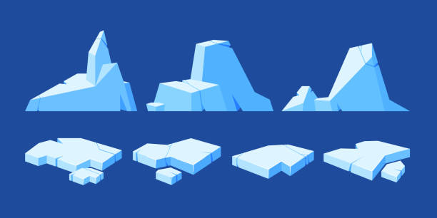 illustrazioni stock, clip art, cartoni animati e icone di tendenza di set di blocchi di ghiaccio congelati, iceberg galleggiante, grumi ghiacciati invernali blu, cappuccio di neve. - ice floe