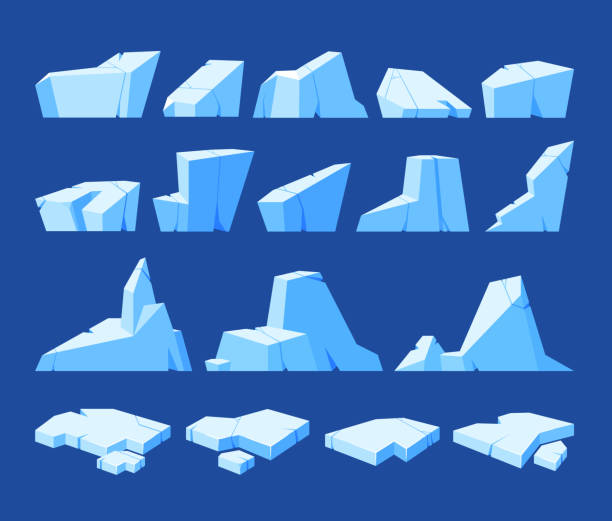 zestaw gór lodowych, bloki zamarzniętej kry, niebieskie lodowe czapy zaspy śnieżnej. bryły lodowe lub kostki z fasetami, śliska powierzchnia - iceberg ice mountain arctic stock illustrations