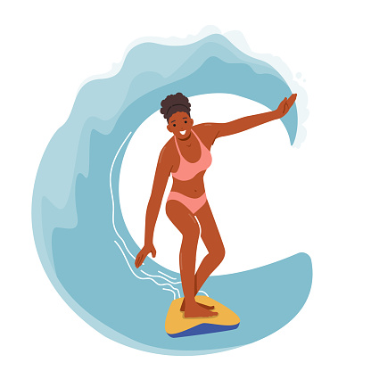 Young Woman Surfer Character in Bikini Stand on Surfboard with Hands Outspread Trying to Catch Balance on Big Sea Wave. Surfing Extreme Fun. Activity, Ocean Recreation. Cartoon Vector Illustration