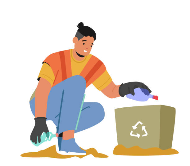 illustrations, cliparts, dessins animés et icônes de concept de service de nettoyage. concierge de rue à caractère masculin ramasser les ordures sur le parc de la ville de la plage et les mettre dans la poubelle - lutte concepts