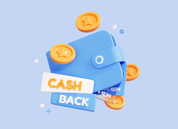 3D Cashback loyalty program concept. Wallet with credit card and coin. Refund money. Online shopping with cash back offer. Purchase Bonus. Creative design web poster for promotion. 3D Rendering stock photo