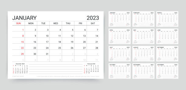 kalender 2023 jahr. planer-vorlage. vektorillustration. desk-zeitplanraster. - calendar february desk computer stock-grafiken, -clipart, -cartoons und -symbole