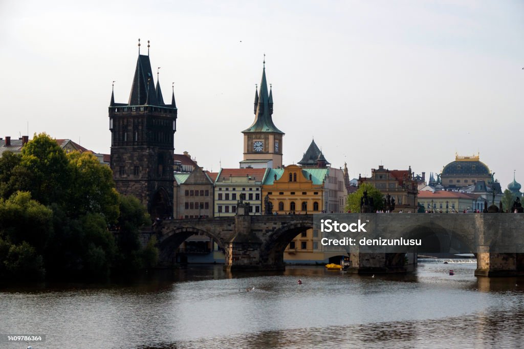 Old Town Bridge Tower and Charles Bridge in Prague, Czech Republic Ancient Stock Photo