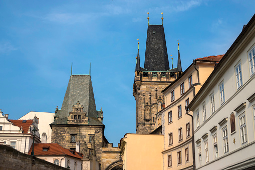Lesser Town Bridge Tower and old buildings in Prague, Czech Republic