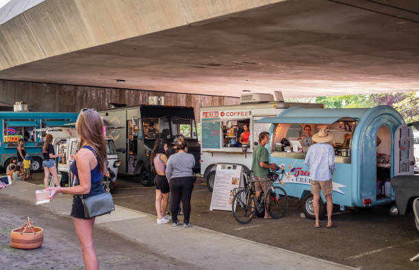 Food Trucks at Reno's Riverside Market stock photo